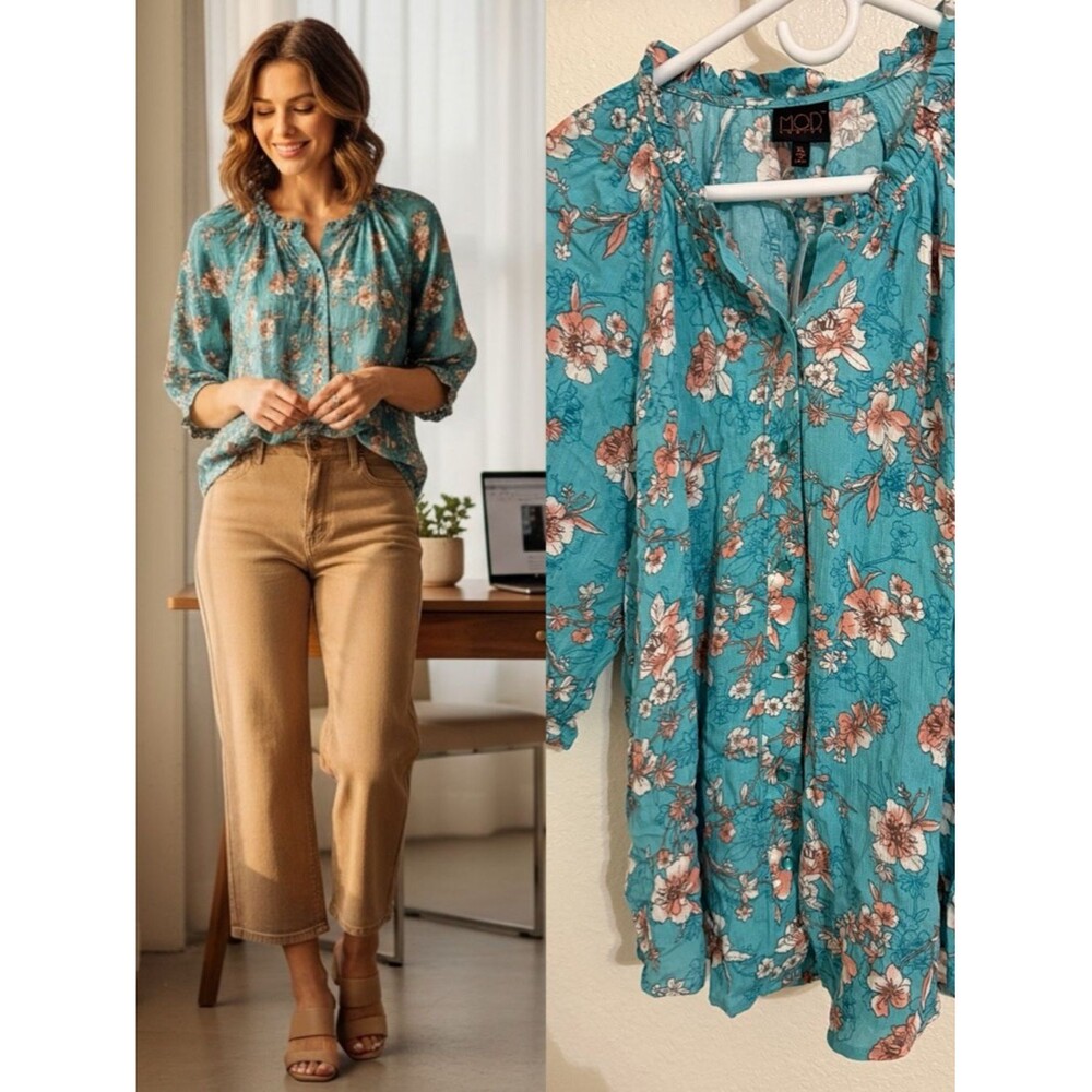 MOD Ref Floral Blouse XL Teal Boho Ruffle Neck Button Top NWT